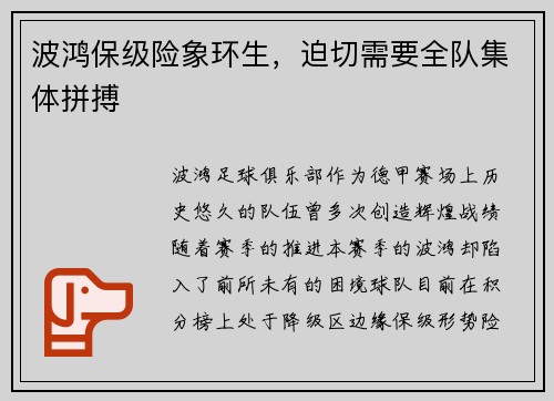 波鸿保级险象环生，迫切需要全队集体拼搏